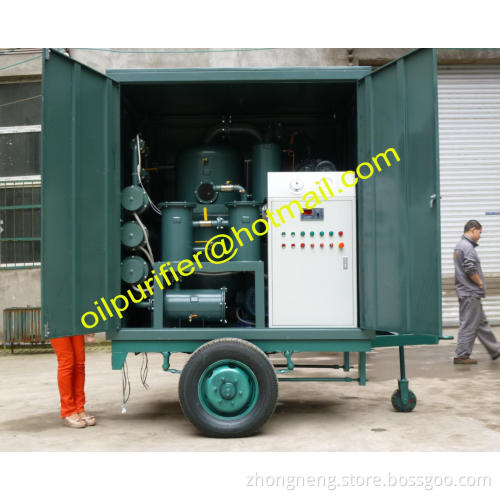 Mobile Transformer oil purification Plant enclosed in canopy and mounted on trailer for outside use